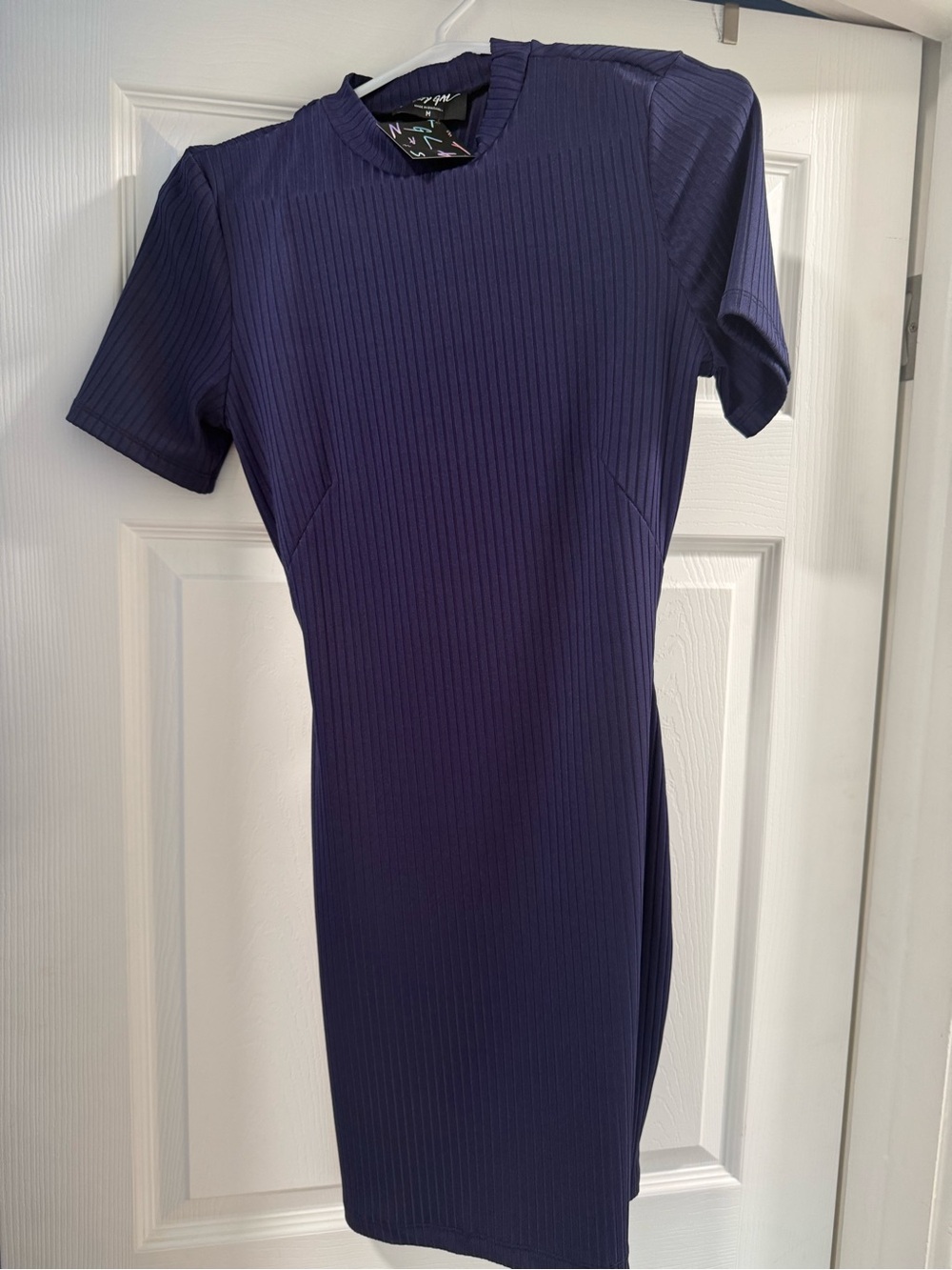 Nasty Gal Navy Ribbed Short-Sleeve Mini Dress